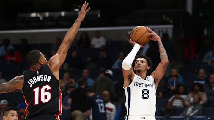 Oct 18, 2024; Memphis, Tennessee, USA; Memphis Grizzlies forward Miles Norris (8) shoots during the second half against the Miami Heat at FedExForum. Mandatory Credit: Petre Thomas-Imagn Images