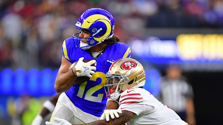 Oct 2, 2025; Inglewood, California, USA; Los Angeles Rams wide receiver Puka Nacua (12) makes a catch against the San Francisco 49ers during the first half at SoFi Stadium. Mandatory Credit: Gary A. Vasquez-Imagn Images Oct 2, 2025; Inglewood, California, USA; Los Angeles Rams wide receiver Puka Nacua (12) makes a catch against the San Francisco 49ers during the first half at SoFi Stadium. Mandatory Credit: Gary A. Vasquez-Imagn Images