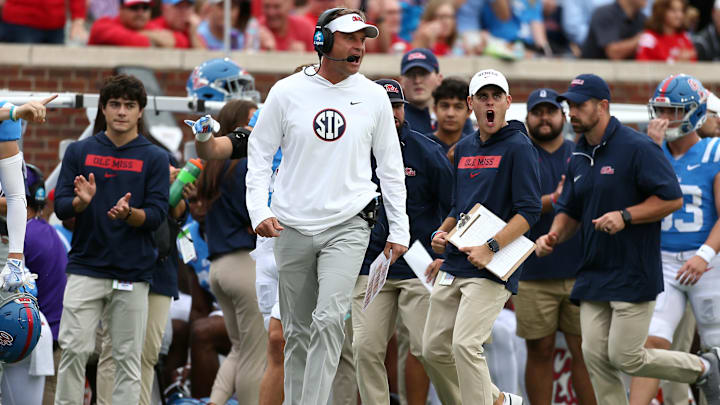 Sep 28, 2024; Oxford, Mississippi, USA; Mississippi Rebels head coach Lane Kiffin reacts during the second half against the Kentucky Wildcats at Vaught-Hemingway Stadium. Mandatory Credit: Petre Thomas-Imagn Images
