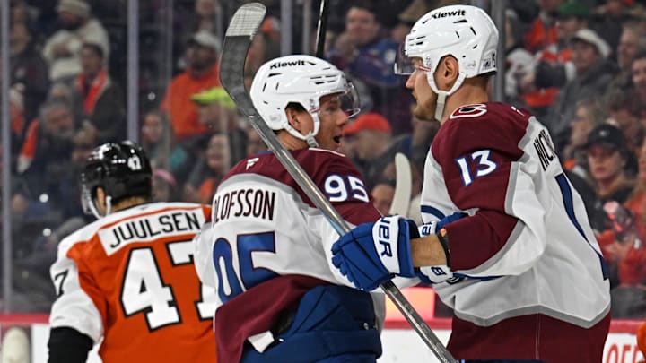 Dec 7, 2025; Philadelphia, Pennsylvania, USA; Colorado Avalanche right wing Valeri Nichushkin (13) celebrates his goal with left wing Victor Olofsson (95) against the Philadelphia Flyers during the second period at Xfinity Mobile Arena. Mandatory Credit: Eric Hartline-Imagn Images