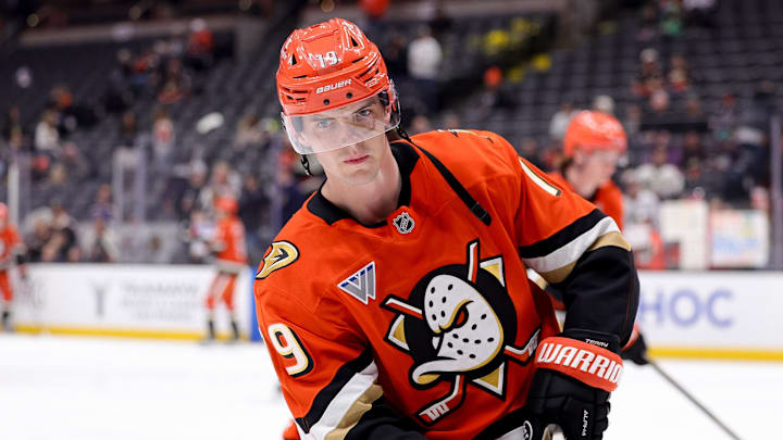 Mar 7, 2025; Anaheim, California, USA; Anaheim Ducks right wing Troy Terry skates during warm ups before a game against the St. Louis Blues at Honda Center. Mandatory Credit: Ryan Sun-Imagn Images