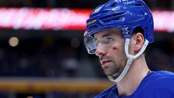 Mar 10, 2026; Buffalo, New York, USA;  Buffalo Sabres defenseman Mattias Samuelsson (23) during a stoppage in play against the San Jose Sharks at KeyBank Center. Mandatory Credit: Timothy T. Ludwig-Imagn Images