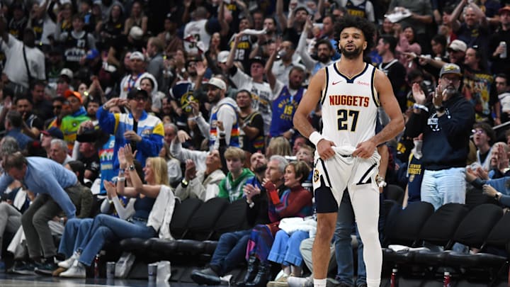 Apr 18, 2026; Denver, Colorado, USA; Denver Nuggets guard Jamal Murray (27) celebrates after a score during the second half against the Minnesota Timberwolves in game one of the first round of the 2026 NBA Playoffs at Ball Arena. Mandatory Credit: Christopher Hanewinckel-Imagn Images