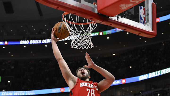 Nov 17, 2024; Chicago, Illinois, USA;  Houston Rockets center Alperen Sengun (28) shoots against the Chicago Bulls during the first half at United Center. Mandatory Credit: Matt Marton-Imagn Images