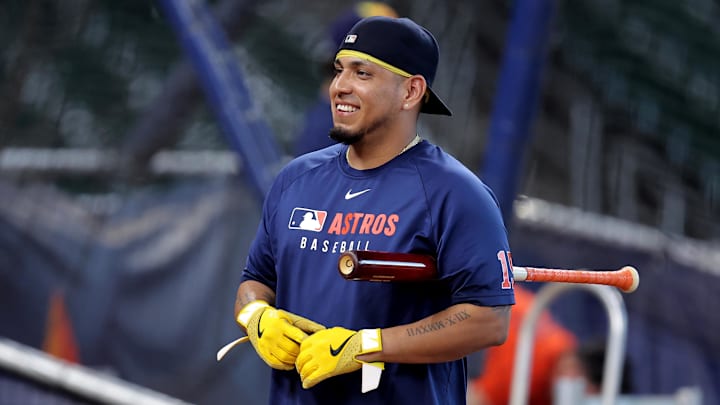 Sep 19, 2025; Houston, Texas, USA; Houston Astros designated hitter Isaac Paredes (15) prior to the game against the Seattle Mariners at Daikin Park. Mandatory Credit: Erik Williams-Imagn Images