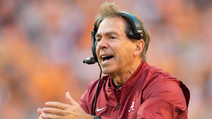 Oct 20, 2018; Knoxville, TN, USA; Alabama Crimson Tide head coach Nick Saban calls timeout in a game against the Tennessee Volunteers at Neyland Stadium. Mandatory Credit: Bryan Lynn-Imagn Images Oct 20, 2018; Knoxville, TN, USA; Alabama Crimson Tide head coach Nick Saban calls timeout in a game against the Tennessee Volunteers at Neyland Stadium. Mandatory Credit: Bryan Lynn-Imagn Images