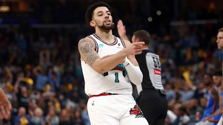 Apr 24, 2025; Memphis, Tennessee, USA; Memphis Grizzlies guard Scotty Pippen Jr. (1) reacts after a basket during the second quarter against the Oklahoma City Thunder during game three for the first round of the 2025 NBA Playoffs at FedExForum. Mandatory Credit: Petre Thomas-Imagn Images