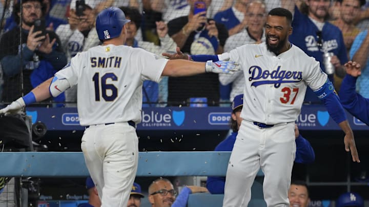 Mar 28, 2026; Los Angeles, California, USA; Los Angeles Dodgers catcher Will Smith (16) celebrates with right fielder Teoscar Hernandez (37) after hitting a two-run home run during the eighth inning against the Arizona Diamondbacks at Dodger Stadium. Mandatory Credit: Jayne Kamin-Oncea-Imagn Images