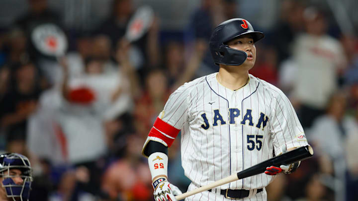 Mar 21, 2023; Miami, Florida, USA; Japan third baseman Munetaka Murakami (55) looks on after hitting a home run during the second inning against USA at LoanDepot Park. Mandatory Credit: Sam Navarro-Imagn Images Mar 21, 2023; Miami, Florida, USA; Japan third baseman Munetaka Murakami (55) looks on after hitting a home run during the second inning against USA at LoanDepot Park. Mandatory Credit: Sam Navarro-Imagn Images