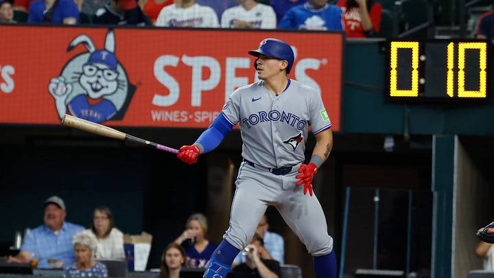Sep 20, 2026; Arlington, Texas, USA;  Toronto Blue Jays catcher Brandon Valenzuela bats during the second inning against the Texas Rangers at Globe Life Field.  Mandatory Credit: Chris Jones-Imagn Images
