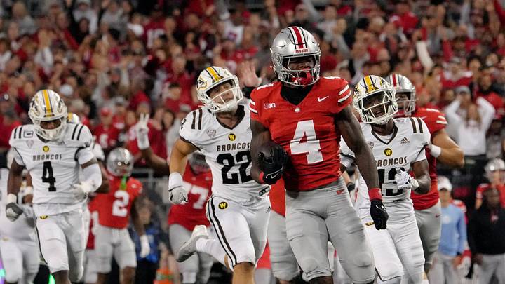 Sept. 7, 2024; Columbus, Ohio, USA;
Ohio State Buckeyes wide receiver Jeremiah Smith (4) runs for a touchdown during the first half of an NCAA Division I football game on Saturday at Ohio Stadium. Sept. 7, 2024; Columbus, Ohio, USA;
Ohio State Buckeyes wide receiver Jeremiah Smith (4) runs for a touchdown during the first half of an NCAA Division I football game on Saturday at Ohio Stadium.