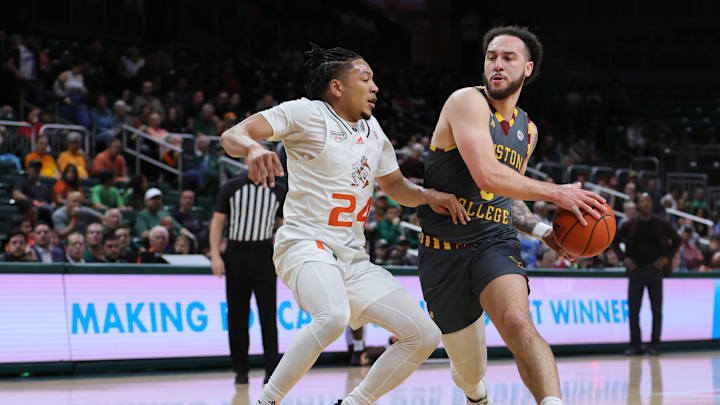 Mar 6, 2024; Coral Gables, Florida, USA; Boston College Eagles guard Jaeden Zackery (3) drives to