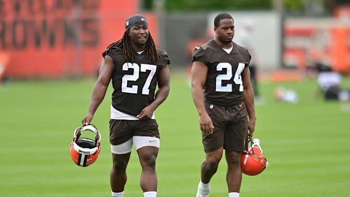 May 25, 2022; Berea, OH, USA; Cleveland Browns running back Kareem Hunt (27) and running back Nick Chubb (24) walk off the field during organized team activities at CrossCountry Mortgage Campus. Mandatory Credit: Ken Blaze-Imagn Images