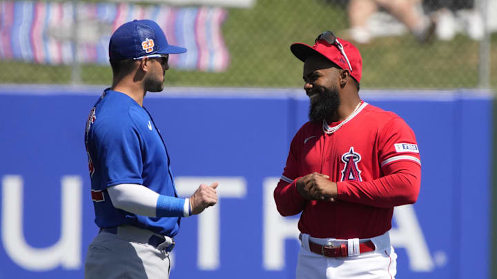 Mar 25, 2023; Tempe, Arizona, USA; Chicago Cubs catcher Luis Torrens (22) and Los Angeles Angels