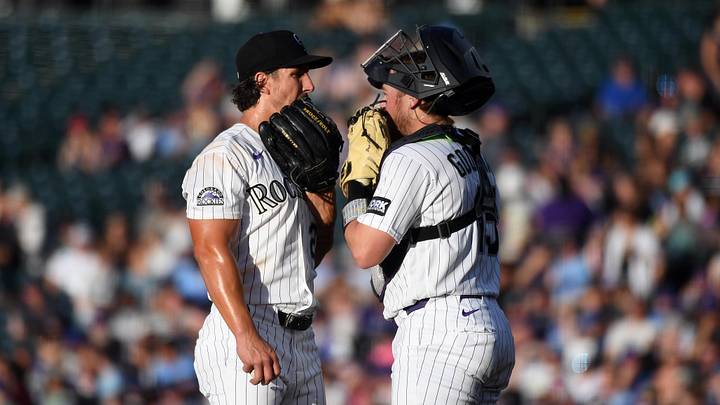 Colorado Rockies pitcher Michael Lorenzen talks with catcher Hunter Goodman Colorado Rockies pitcher Michael Lorenzen talks with catcher Hunter Goodman