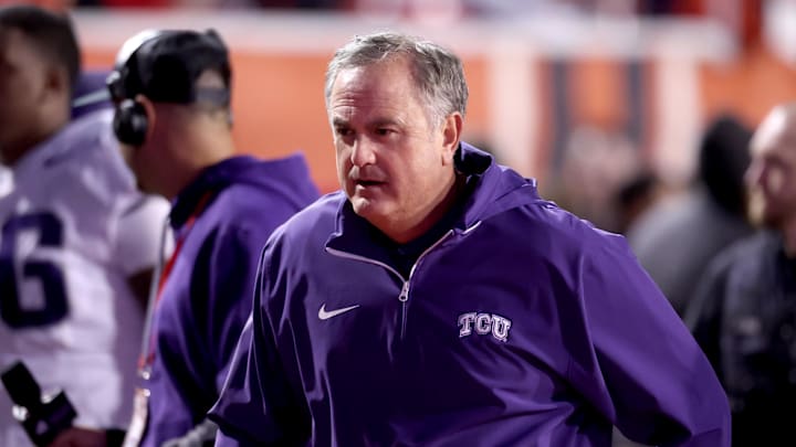 Oct 19, 2024; Salt Lake City, Utah, USA; TCU Horned Frogs head coach Sonny Dykes runs off the field at the end of the first half against the Utah Utes at Rice-Eccles Stadium. Mandatory Credit: Rob Gray-Imagn Images Oct 19, 2024; Salt Lake City, Utah, USA; TCU Horned Frogs head coach Sonny Dykes runs off the field at the end of the first half against the Utah Utes at Rice-Eccles Stadium. Mandatory Credit: Rob Gray-Imagn Images