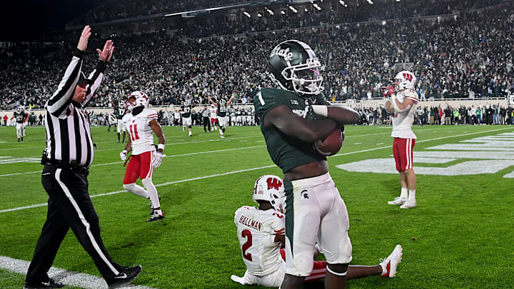 Oct 15, 2022; East Lansing, Michigan, USA; Michigan State Spartans wide receiver Jayden Reed (1) Oct 15, 2022; East Lansing, Michigan, USA; Michigan State Spartans wide receiver Jayden Reed (1)