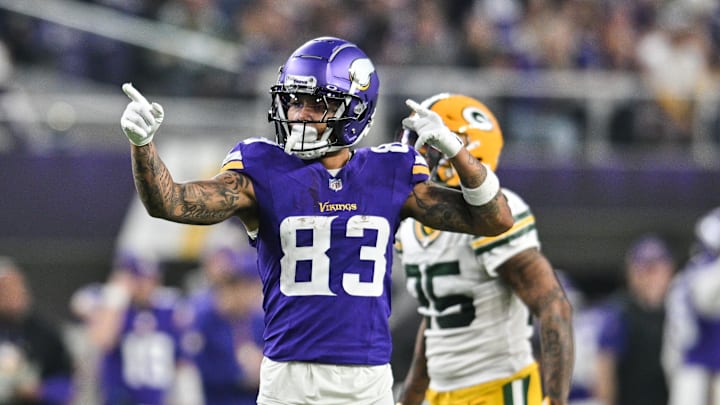 Dec 29, 2024; Minneapolis, Minnesota, USA; Minnesota Vikings wide receiver Jalen Nailor (83) reacts during the first quarter after a catch against the Green Bay Packers at U.S. Bank Stadium. Mandatory Credit: Jeffrey Becker-Imagn Images