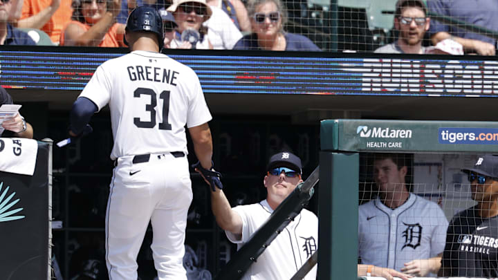 Aug 10, 2025; Detroit, Michigan, USA; Detroit Tigers outfielder Riley Greene (31) receives congratulations from manager A.J. Hinch (14) after scoring in the first inning against the Los Angeles Angels at Comerica Park. Mandatory Credit: Rick Osentoski-Imagn Images Aug 10, 2025; Detroit, Michigan, USA; Detroit Tigers outfielder Riley Greene (31) receives congratulations from manager A.J. Hinch (14) after scoring in the first inning against the Los Angeles Angels at Comerica Park. Mandatory Credit: Rick Osentoski-Imagn Images