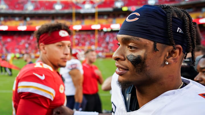 Sep 24, 2023; Kansas City, Missouri, USA; Chicago Bears quarterback Justin Fields (1) greets Kansas