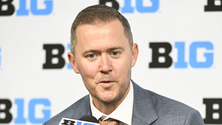 Jul 24, 2024; Indianapolis, IN, USA; USC Trojans head coach Lincoln Riley speaks to the media during the Big 10 football media day at Lucas Oil Stadium. Mandatory Credit: Robert Goddin-Imagn Images