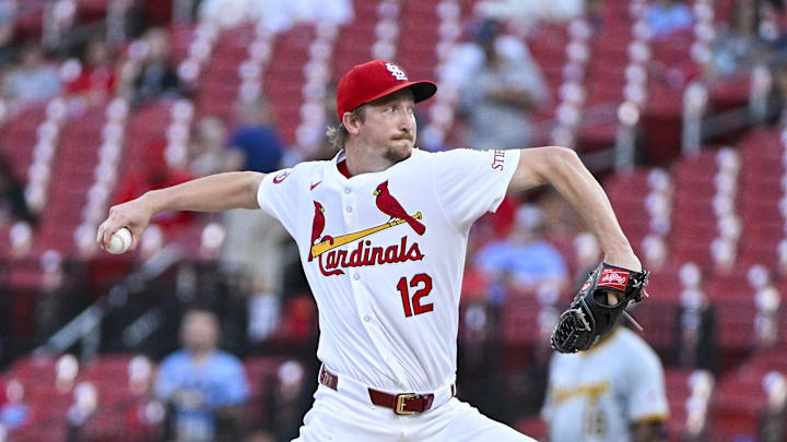 St. Louis Cardinals starting pitcher Erick Fedde (12) pitches against the Pittsburgh Pirates during the first inning at Busch Stadium in 2024. St. Louis Cardinals starting pitcher Erick Fedde (12) pitches against the Pittsburgh Pirates during the first inning at Busch Stadium in 2024.