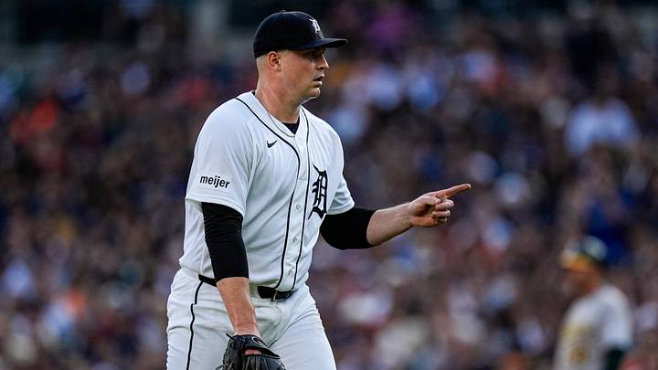 Detroit Tigers pitcher Tarik Skubal (29) signals to catcher Dillon Dingler (not in the photo) after a play against Athletics during the third inning at Comerica Park in Detroit on Tuesday, July 7, 2026. Detroit Tigers pitcher Tarik Skubal (29) signals to catcher Dillon Dingler (not in the photo) after a play against Athletics during the third inning at Comerica Park in Detroit on Tuesday, July 7, 2026.