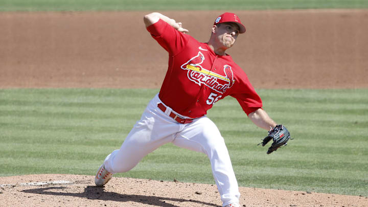 Mar 5, 2023; Jupiter, Florida, USA; St. Louis Cardinals pitcher Ryan Helsley (56) pitches in the