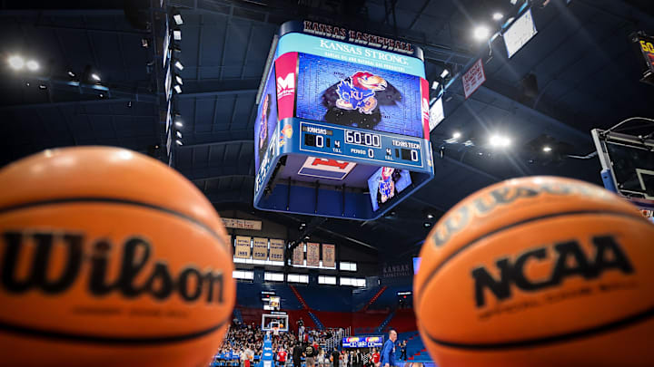 Mar 1, 2025; Lawrence, Kansas, USA; General view of the arena prior to the game between the Kansas Jayhawks and the Texas Tech Red Raiders at Allen Fieldhouse. Mandatory Credit: William Purnell-Imagn Images