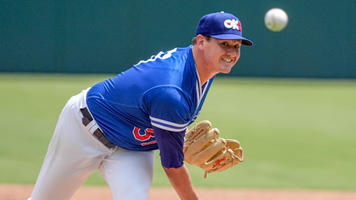 Oklahoma City pitcher Kyle Hurt (31) pitches during a minor league baseball game between the Oklahoma City Baseball Club and the Albuquerque Isotopes at the Chickasaw Bricktown Ballpark in Oklahoma City, on Wednesday, June 19, 2024.