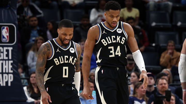 Feb 15, 2024; Memphis, Tennessee, USA; Milwaukee Bucks guard Damian Lillard (0) and forward Giannis Antetokounmpo (34) look on during the first half against the Memphis Grizzlies at FedExForum. Mandatory Credit: Petre Thomas-Imagn Images Feb 15, 2024; Memphis, Tennessee, USA; Milwaukee Bucks guard Damian Lillard (0) and forward Giannis Antetokounmpo (34) look on during the first half against the Memphis Grizzlies at FedExForum. Mandatory Credit: Petre Thomas-Imagn Images