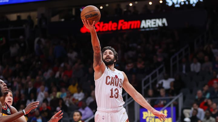 Mar 28, 2023; Atlanta, Georgia, USA; Cleveland Cavaliers guard Ricky Rubio (13) shoots against the Atlanta Hawks in the second quarter at State Farm Arena. Mandatory Credit: Brett Davis-Imagn Images
