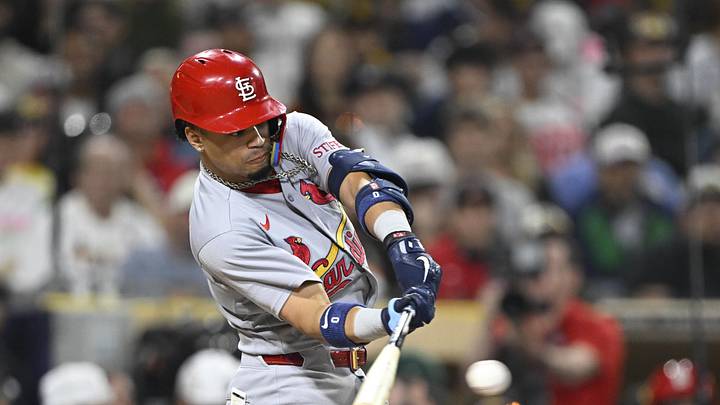 May 8, 2026; San Diego, California, USA; St. Louis Cardinals shortstop Masyn Winn (0) hits a single during the fifth inning against the San Diego Padres at Petco Park. Mandatory Credit: Denis Poroy-Imagn Images May 8, 2026; San Diego, California, USA; St. Louis Cardinals shortstop Masyn Winn (0) hits a single during the fifth inning against the San Diego Padres at Petco Park. Mandatory Credit: Denis Poroy-Imagn Images