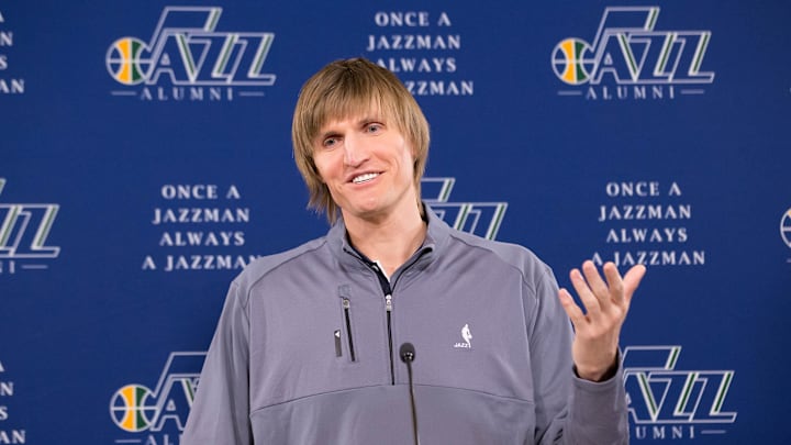 Mar 28, 2016; Salt Lake City, UT, USA; Former Utah Jazz player Andrei Kirilenko talks with the media prior to the game between the Utah Jazz and the Los Angeles Lakers at Vivint Smart Home Arena. Kirilenko is to honored during the game for his time with the Utah Jazz organization. Mandatory Credit: Russ Isabella-Imagn Images