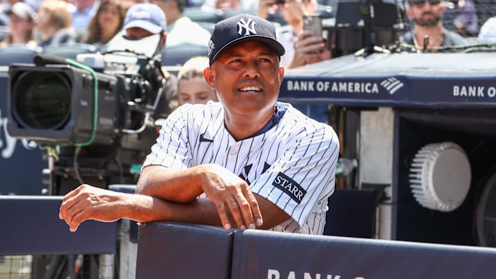 Aug 9, 2025; Bronx, New York, USA;  Former New York Yankees pitcher Mariano Rivera at Old Timer’s Day at Yankee Stadium. Mandatory Credit: Wendell Cruz-Imagn Images