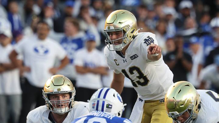 Oct 17, 2026; Provo, Utah, USA; Notre Dame Fighting Irish quarterback CJ Carr (13) calls a play against the Brigham Young Cougars during the first half at LaVell Edwards Stadium. Mandatory Credit: Rob Gray-Imagn Images