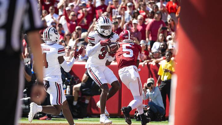 Oct 12, 2024; Tuscaloosa, Alabama, USA; South Carolina Gamecocks defensive back O'Donnell Fortune (3) intercepts a pass in the end zone intended for Alabama Crimson Tide wide receiver Germie Bernard (5) during the fourth quarter at Bryant-Denny Stadium. Mandatory Credit: Will McLelland-Imagn Images Oct 12, 2024; Tuscaloosa, Alabama, USA; South Carolina Gamecocks defensive back O'Donnell Fortune (3) intercepts a pass in the end zone intended for Alabama Crimson Tide wide receiver Germie Bernard (5) during the fourth quarter at Bryant-Denny Stadium. Mandatory Credit: Will McLelland-Imagn Images
