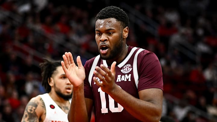 Dec 16, 2023; Houston, Texas, USA; Texas A&M Aggies forward Wildens Leveque (10) reacts during