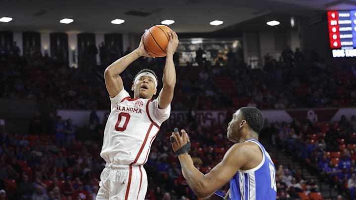 Feb 26, 2025; Norman, Oklahoma, USA; Oklahoma Sooners guard Jeremiah Fears (0) shoots beside Kentucky Wildcats forward Brandon Garrison (10) during the second half at Lloyd Noble Center. Mandatory Credit: Alonzo Adams-Imagn Images