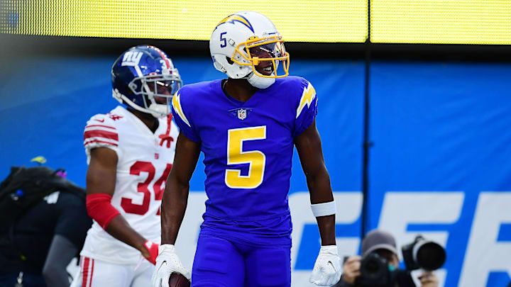 Dec 12, 2021; Inglewood, California, USA; Los Angeles Chargers wide receiver Josh Palmer (5). Dec 12, 2021; Inglewood, California, USA; Los Angeles Chargers wide receiver Josh Palmer (5).