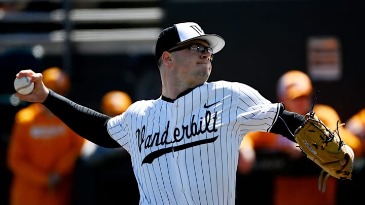 Vanderbilt pitcher Wyatt Nadeau (88) throws to a Tennessee batter during the first inning of a NCAA baseball game at Hawkins Field on Saturday, March 28, 2026, in Nashville, Tenn. Vanderbilt pitcher Wyatt Nadeau (88) throws to a Tennessee batter during the first inning of a NCAA baseball game at Hawkins Field on Saturday, March 28, 2026, in Nashville, Tenn.