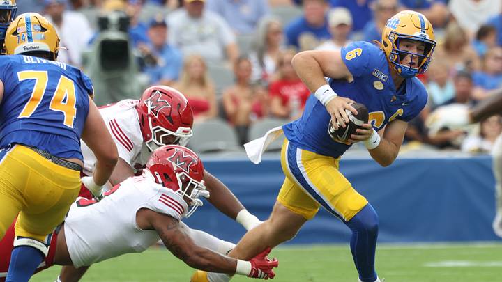 Pitt quarterback Mason Heintschel threw an ACC single-game record of seven touchdowns in a Week 1 win over Miami (Ohio). Pitt quarterback Mason Heintschel threw an ACC single-game record of seven touchdowns in a Week 1 win over Miami (Ohio).