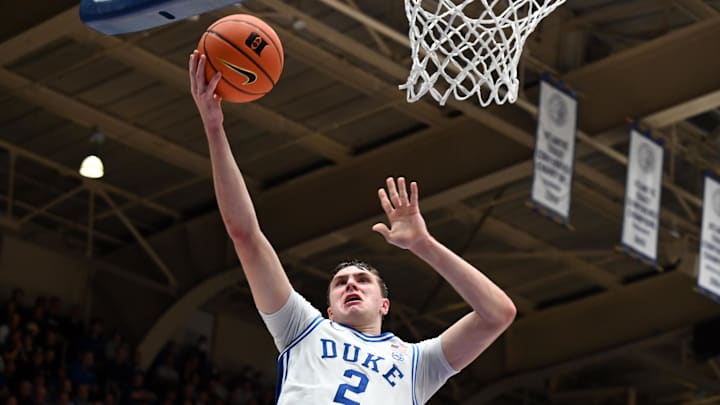 Jan 27, 2025; Durham, North Carolina, USA; Duke Blue Devils forward Cooper Flagg (2) shoots during the second half against the North Carolina State Wolfpack at Cameron Indoor Stadium.  The Blue Devils won 74-64. Mandatory Credit: Rob Kinnan-Imagn Images