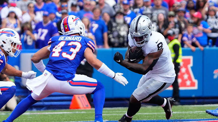 Sep 17, 2023; Orchard Park, New York, USA; Las Vegas Raiders running back Josh Jacobs (8) runs with