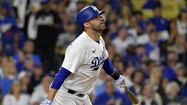 Oct 9, 2023; Los Angeles, California, USA; Los Angeles Dodgers designated hitter J.D. Martinez (28) hits a home run against the Arizona Diamondbacks during the fourth inning for game two of the NLDS for the 2023 MLB playoffs at Dodger Stadium. Mandatory Credit: Jayne Kamin-Oncea-Imagn Images Oct 9, 2023; Los Angeles, California, USA; Los Angeles Dodgers designated hitter J.D. Martinez (28) hits a home run against the Arizona Diamondbacks during the fourth inning for game two of the NLDS for the 2023 MLB playoffs at Dodger Stadium. Mandatory Credit: Jayne Kamin-Oncea-Imagn Images