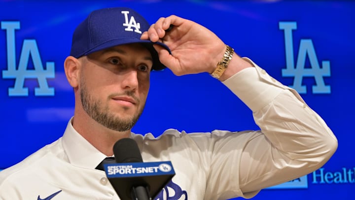 Jan 21, 2026; Los Angeles, CA, USA;  Los Angeles Dodgers right fielder Kyle Tucker (23) is introduced to the media during a press conference at Dodger Stadium. Mandatory Credit: Jayne Kamin-Oncea-Imagn Images