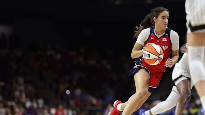 Jul 29, 2025; Washington, District of Columbia, USA; Washington Mystics guard Sonia Citron (22) drives to the basket against the Chicago Sky in the second half at CareFirst Arena. Mandatory Credit: Geoff Burke-Imagn Images