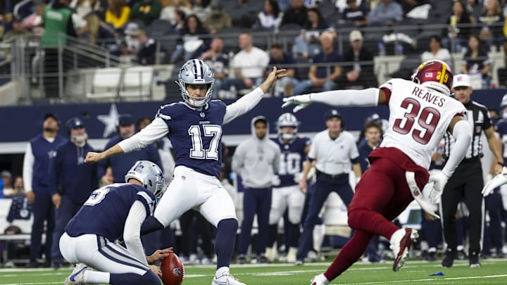 Jan 5, 2025; Arlington, Texas, USA; Dallas Cowboys place kicker Brandon Aubrey (17) kicks a field goal during the game against the Washington Commanders at AT&T Stadium. Mandatory Credit: Kevin Jairaj-Imagn Images Jan 5, 2025; Arlington, Texas, USA; Dallas Cowboys place kicker Brandon Aubrey (17) kicks a field goal during the game against the Washington Commanders at AT&T Stadium. Mandatory Credit: Kevin Jairaj-Imagn Images