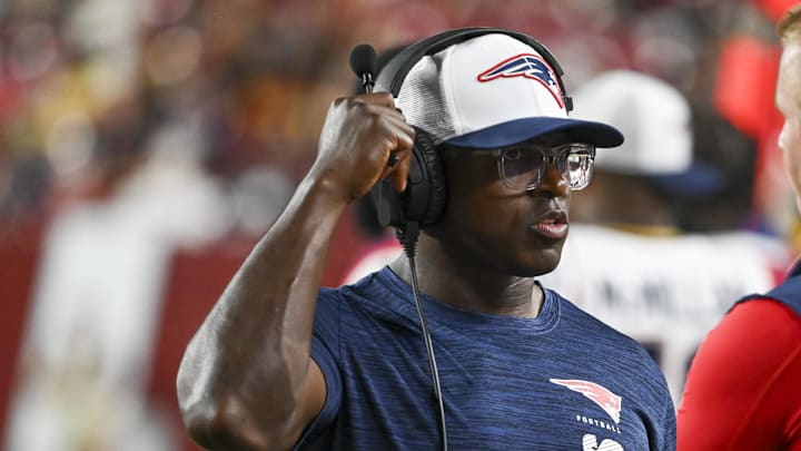 Aug 25, 2024; Landover, Maryland, USA;  New England Patriots special team coach Matthew Slater during the first half against the Washington Commanders at Commanders Field. Mandatory Credit: Tommy Gilligan-Imagn Images