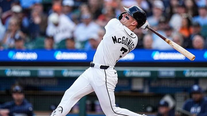Detroit Tigers shortstop Kevin McGonigle (7) bats against Tampa Bay Rays. Credit